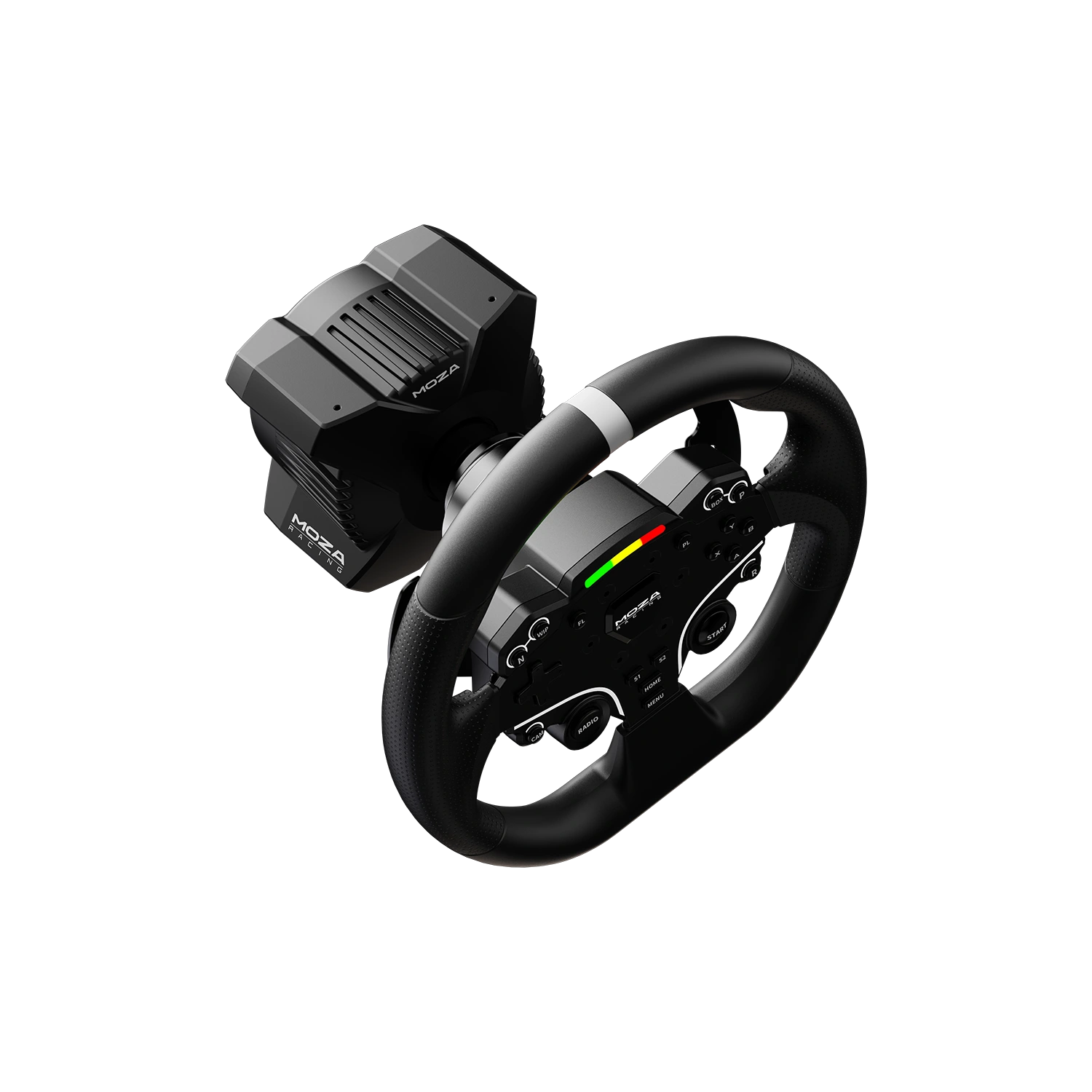 Close-up of Moza Racing R3 steering wheel on direct drive wheelbase
