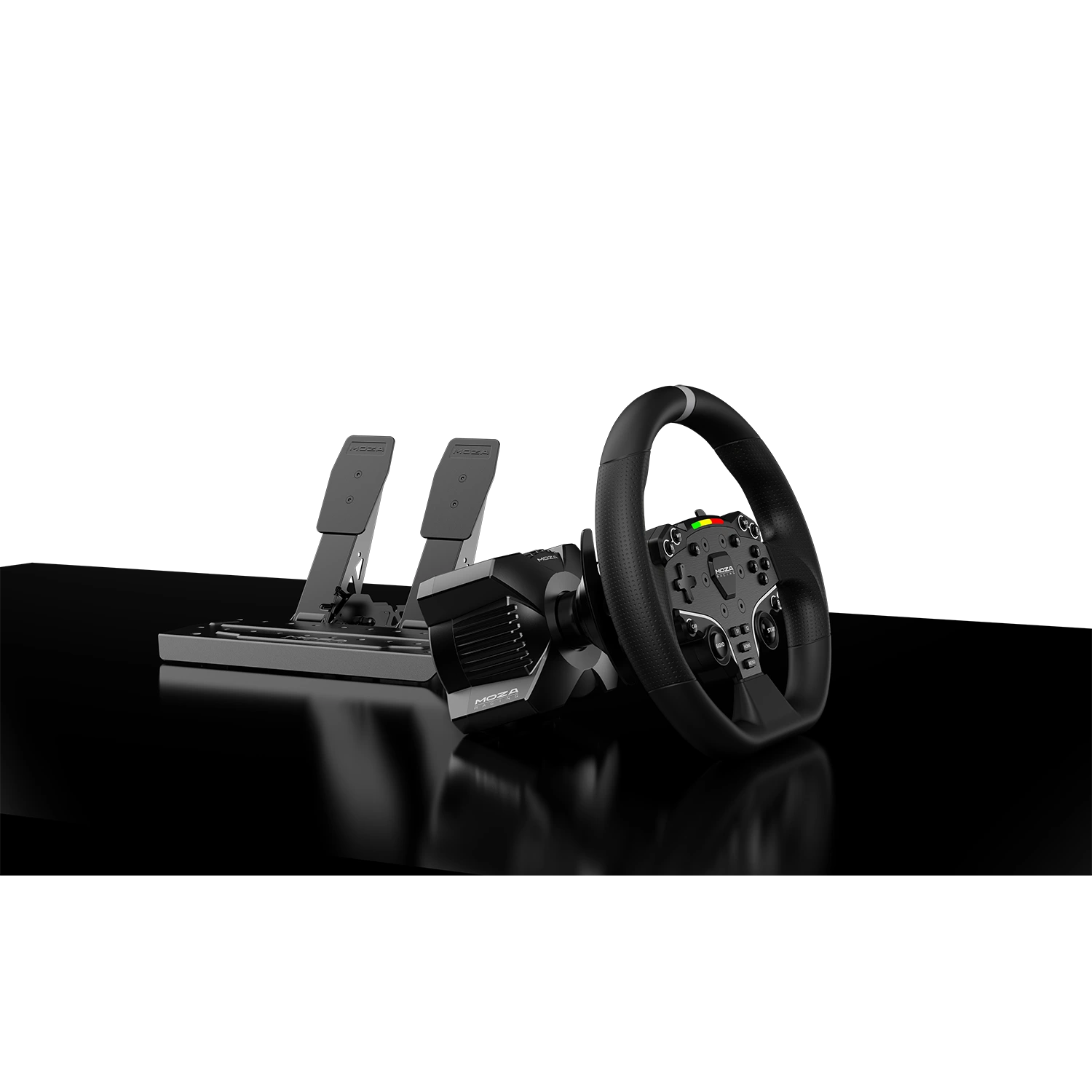Moza Racing R3 steering wheel and direct drive wheelbase angled view