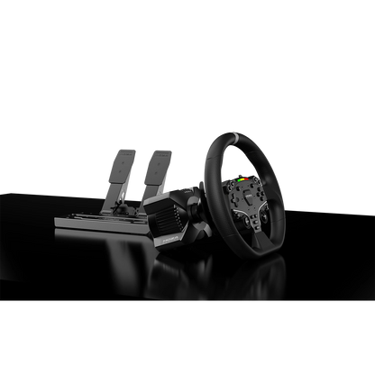 Moza Racing R3 steering wheel and direct drive wheelbase angled view