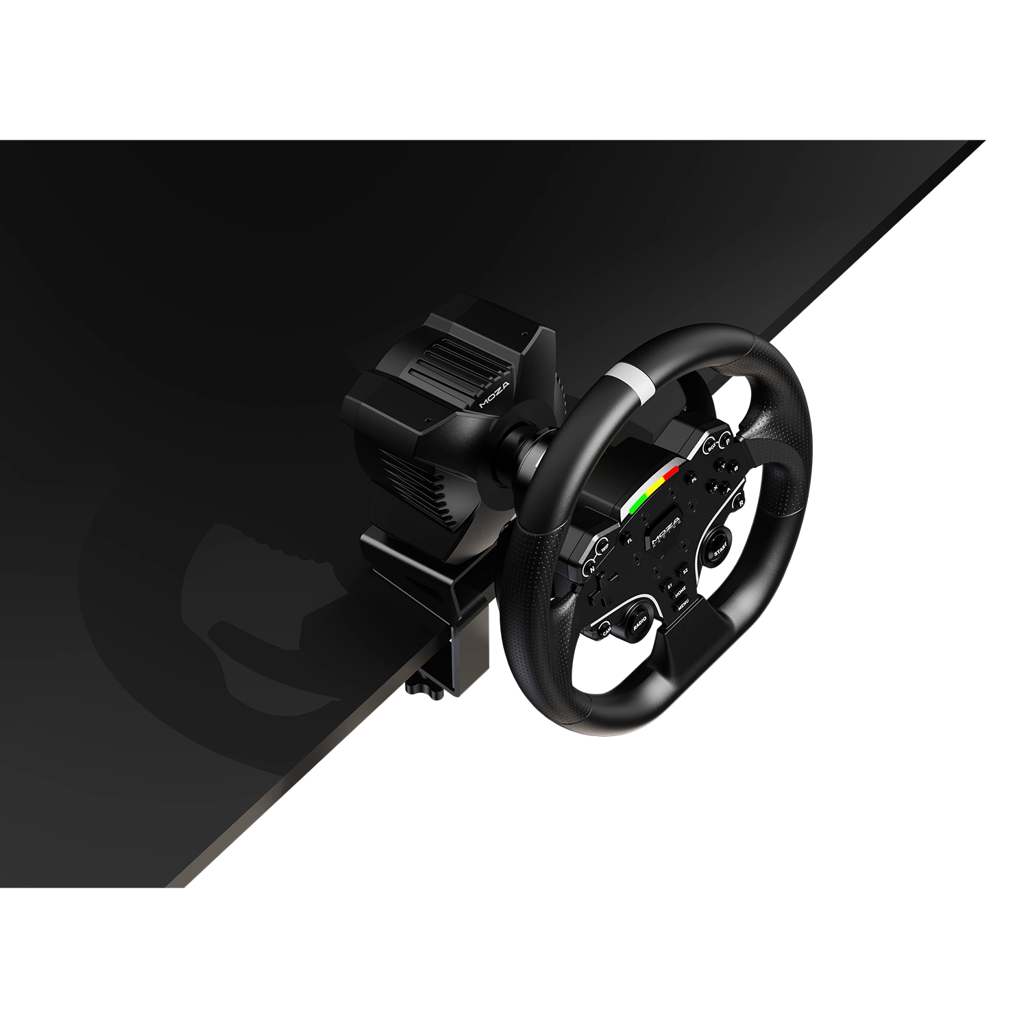 Moza Racing R3 wheelbase with steering wheel mounted for PC sim racing