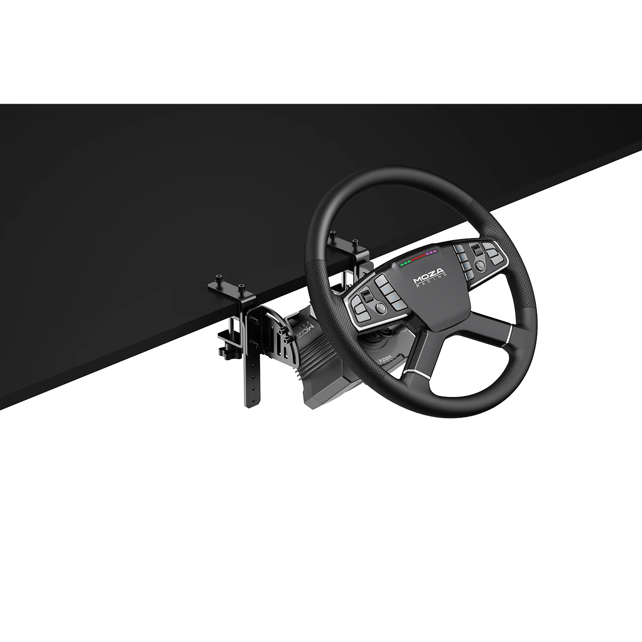 Moza R5 vrachtwagen simulator bundel gemonteerd aan bureau met tafel klem