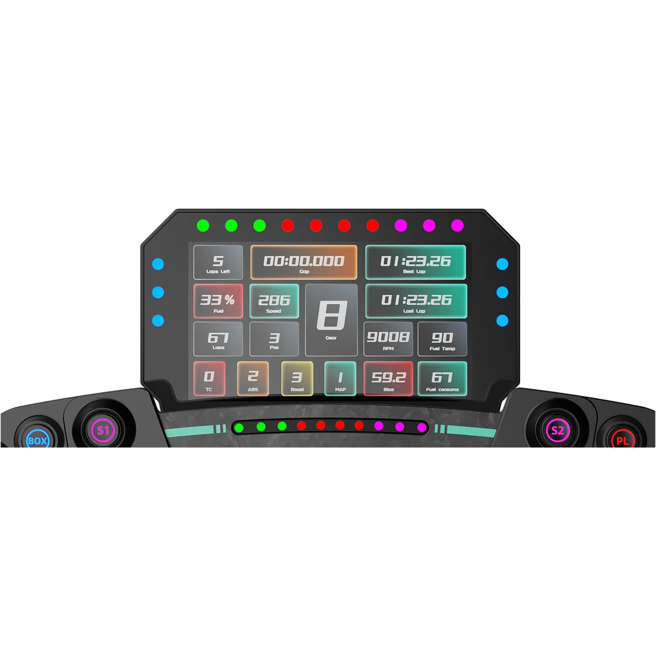Close up of the Moza Racing CM2 racing dash display showing race data