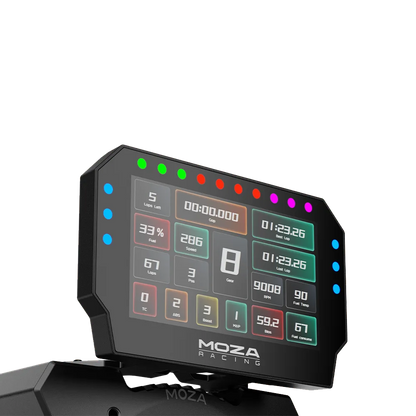 Moza Racing CM2 racing dash mounted on Moza wheelbase front view