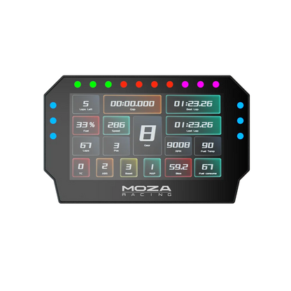 Moza Racing CM2 racing dash front view with color display and telemetry data