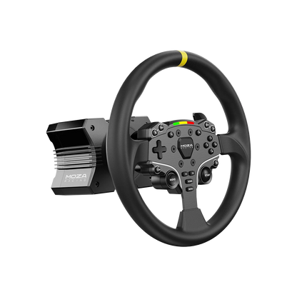 Moza Racing ES rond stuurwiel mod 12 inch gemonteerd op Moza wheelbase schuin links