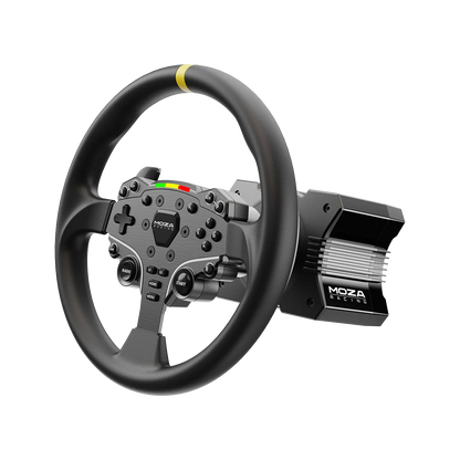 Moza Racing ES rond stuurwiel mod 12 inch gemonteerd op Moza wheelbase schuin rechts