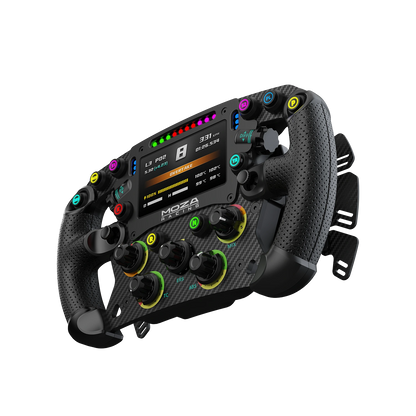Moza FSR2 Formula Wheel schuin vooraanzicht met display en carbon frontplaat