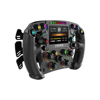 Moza FSR2 Formula stuur schuin aanzicht met rotary encoders en knoppen