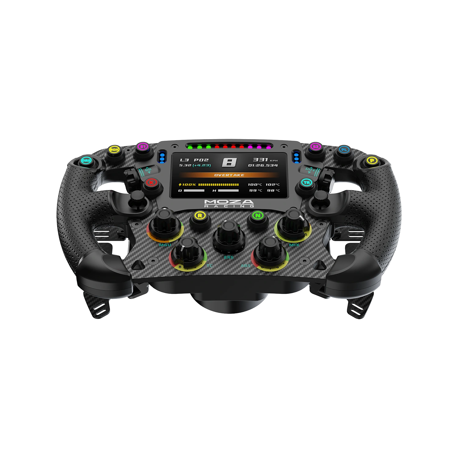 Achterkant van de Moza FSR2 Formula simracing Wheel met magnetische shifters