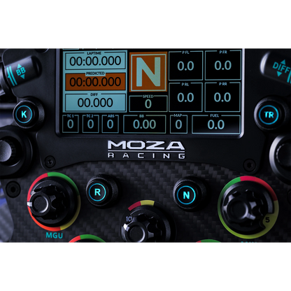 Close up van het display op de Moza Racing FSR2 Formula Wheel
