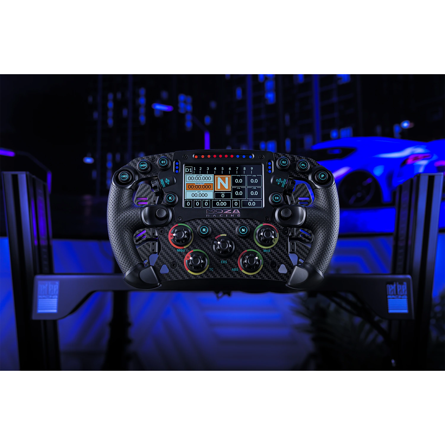 Moza FSR2 Formula Wheel gemonteerd op sim racing setup