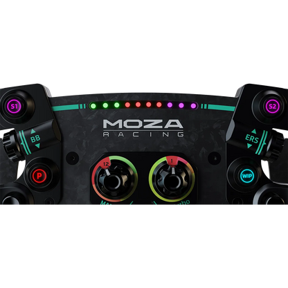 Moza Racing GS V2P steering wheel front view with LED RPM indicator
