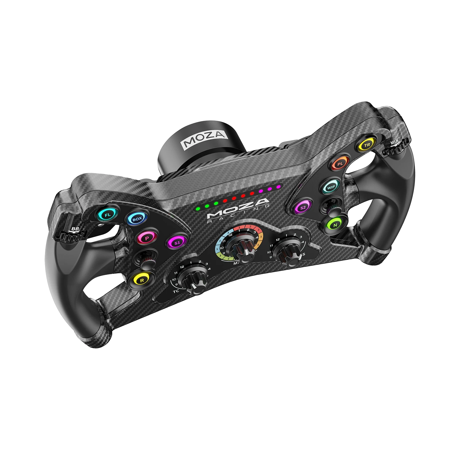 Moza Racing KS Formula steering wheel angled view in driving position
