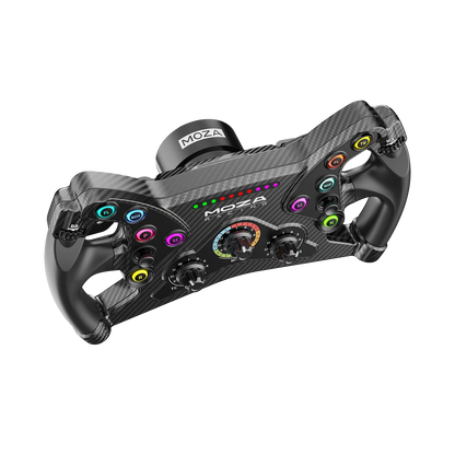 Moza Racing KS Formula steering wheel angled view in driving position
