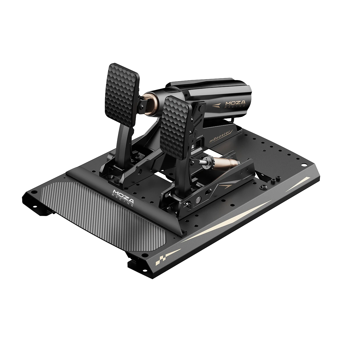 Moza mBooster Active Pedal Set angled view with CRP2 throttle