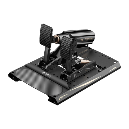 Moza mBooster Active Pedal Set angled view with CRP2 throttle
