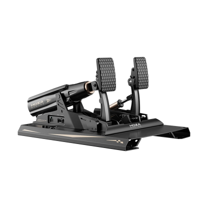 Moza mBooster Active Pedal Set top angled view on mounting plate
