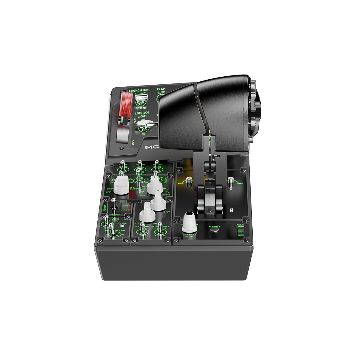 Vooraanzicht van de Moza Racing MTP Throttle Panel met throttle hendel en schakelaars