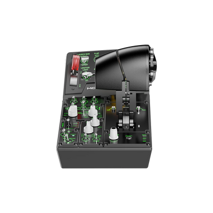 Vooraanzicht van de Moza Racing MTP Throttle Panel met throttle hendel en schakelaars