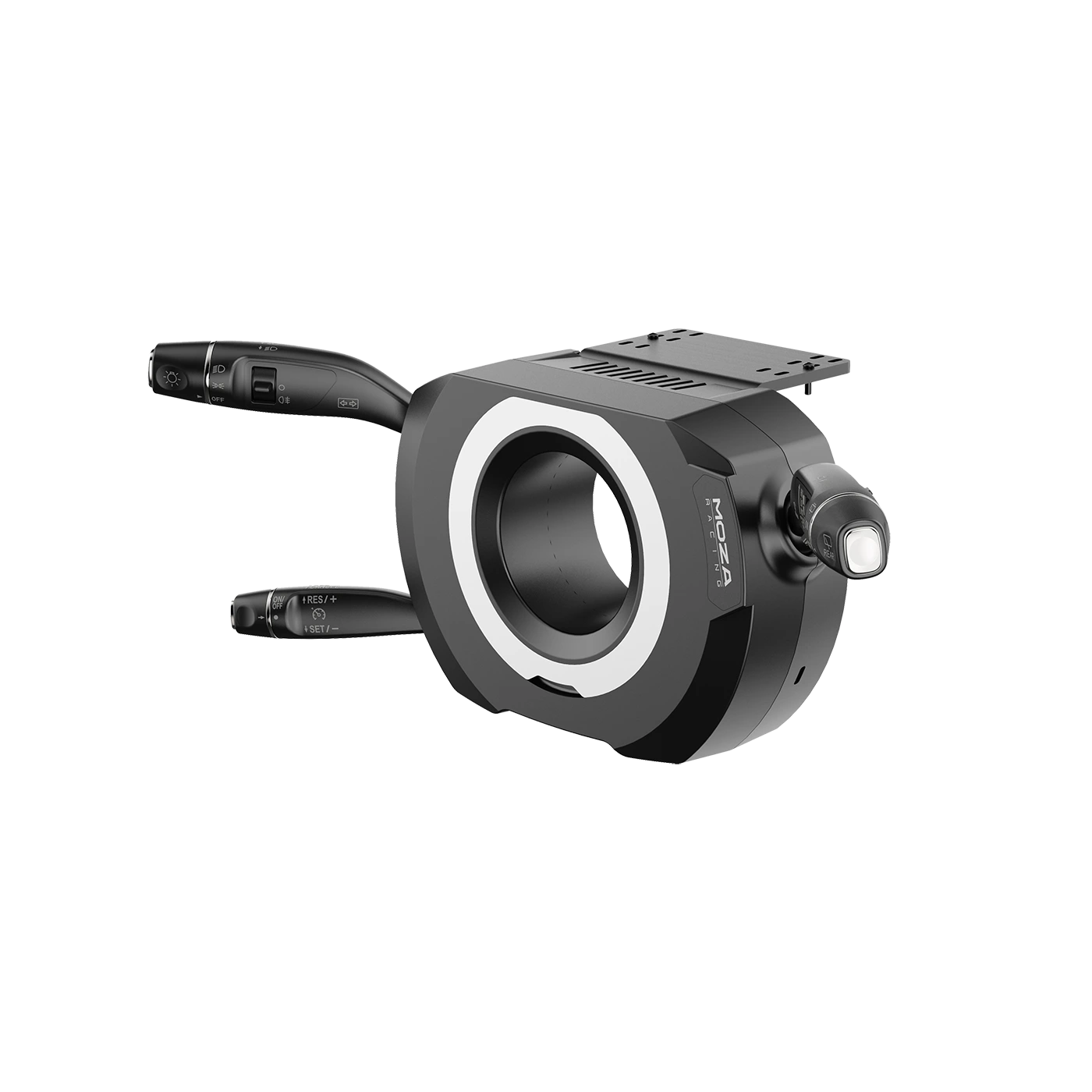 Close-up of Moza Racing multifunction stalks with indicator and control switches