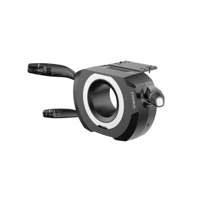 Close-up of Moza Racing multifunction stalks with indicator and control switches
