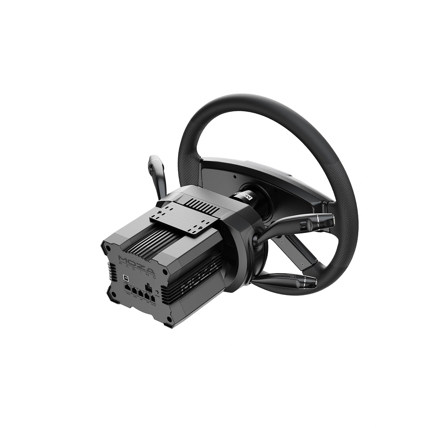 Moza Racing multifunction stalks mounted on steering wheel and wheelbase