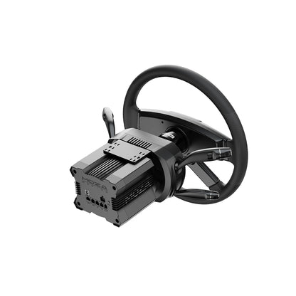Moza Racing multifunction stalks mounted on steering wheel and wheelbase