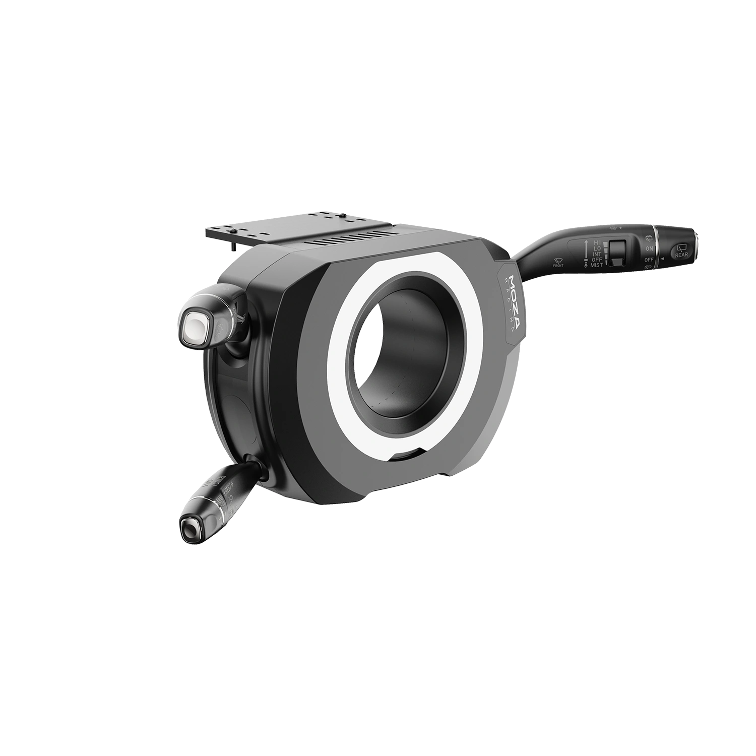 Rear view of Moza Racing multifunction stalks for truck simulation