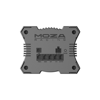 Aansluitingen van de Moza Racing R5 wheelbase voor pedalen en accessoires