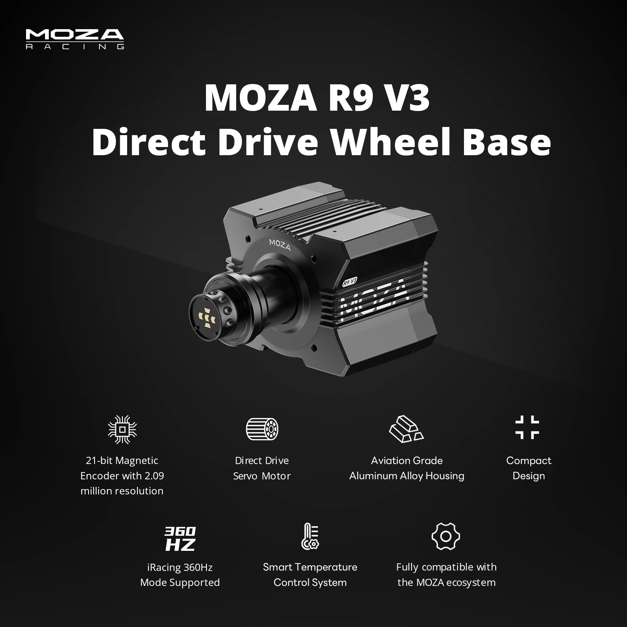 MOZA Racing R9 V3 direct drive wheelbase with key features overview