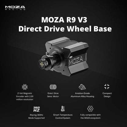 MOZA Racing R9 V3 direct drive wheelbase with key features overview
