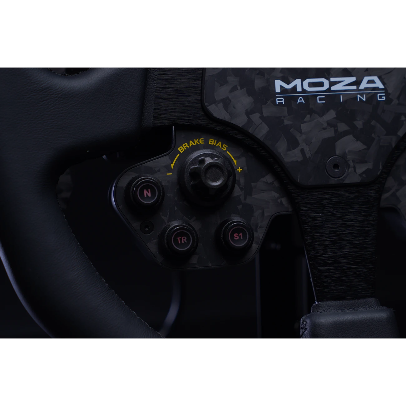 Close-up of MOZA Racing RS V2 brake bias rotary encoder and control buttons