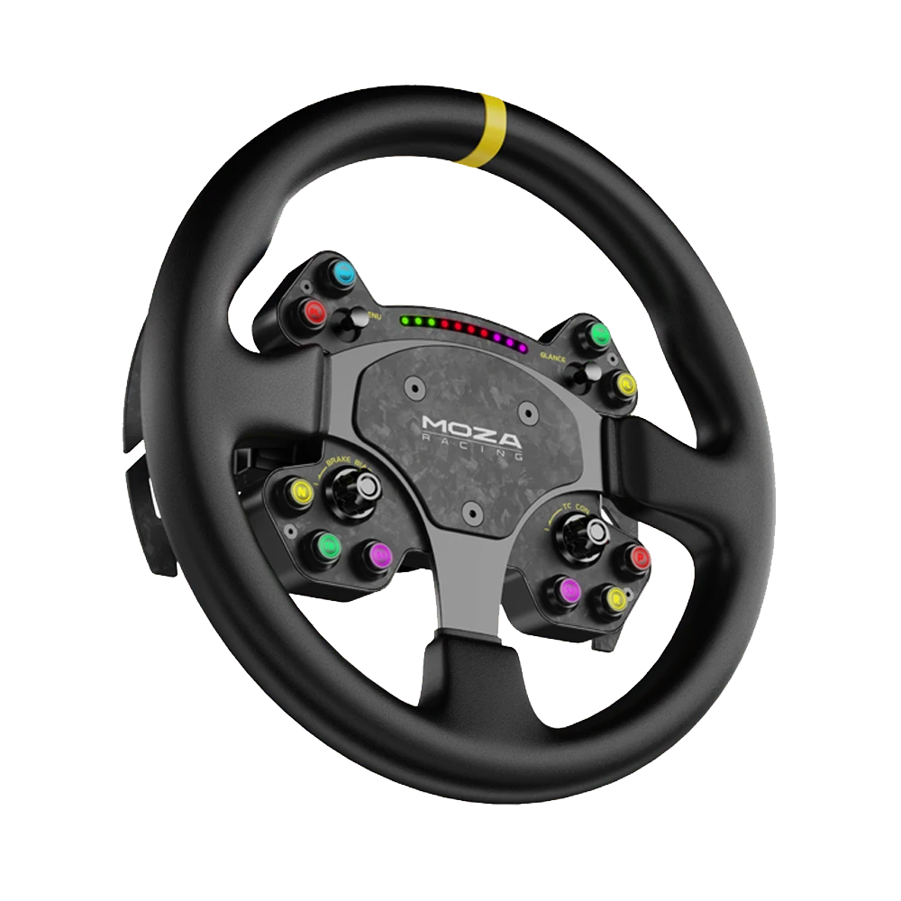Angled view of MozaRacing RS V2 round GT steering wheel with leather grips