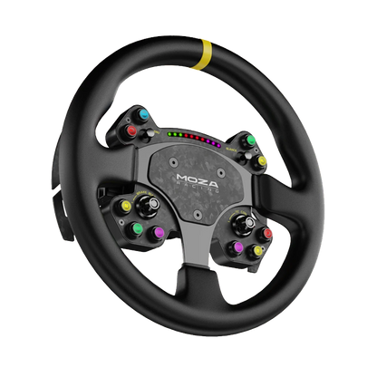 Angled view of MozaRacing RS V2 round GT steering wheel with leather grips