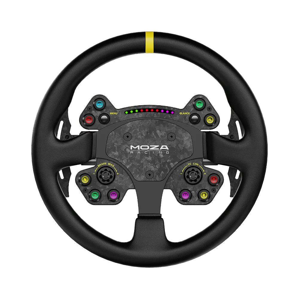 Moza Racing RS V2 steering wheel front view with GT design and LED indicators