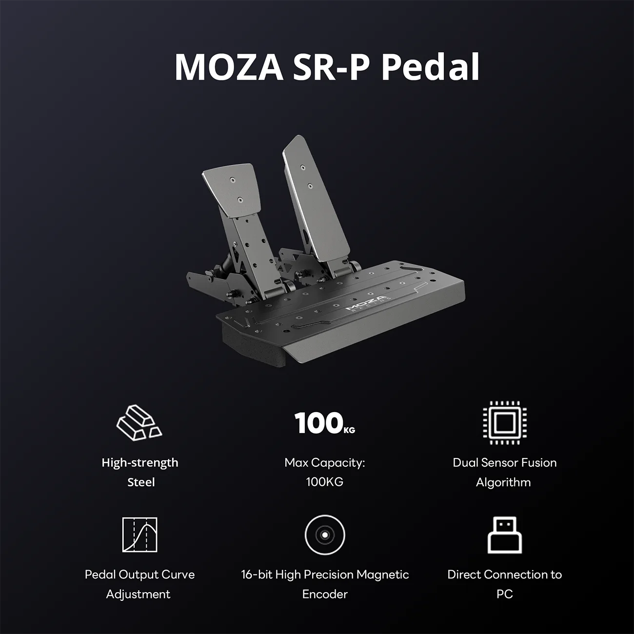 Moza Racing SR-P pedals specifications showing 100kg load and magnetic sensors