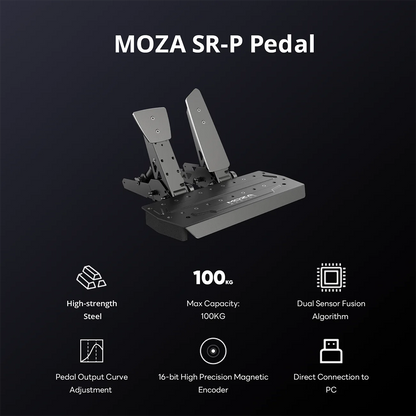 Moza Racing SR-P pedals specifications showing 100kg load and magnetic sensors