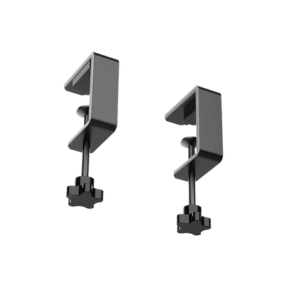 Zijaanzicht van Moza Racing table clamp for yoke met metalen constructie