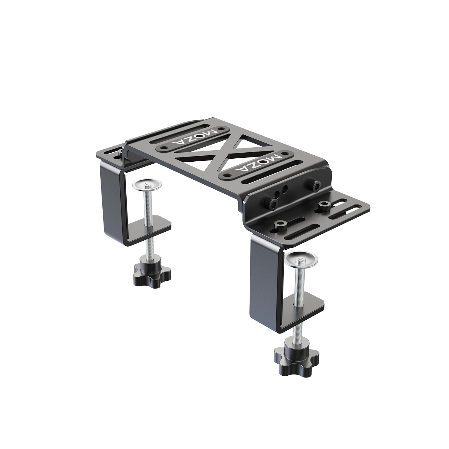 Moza Racing table clamp installed on desk with MOZA wheelbase for sim racing