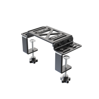Moza table clamp installed on desk with MOZA wheelbase for sim racing