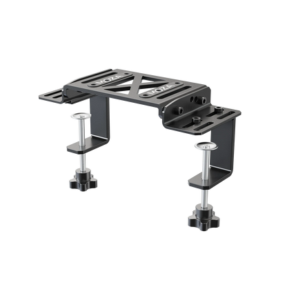 Perspective view of Moza Racing table clamp designed for stable MOZA wheelbase mounting