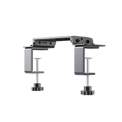Side angle view of Moza table clamp showing dual clamp design for desk mounting