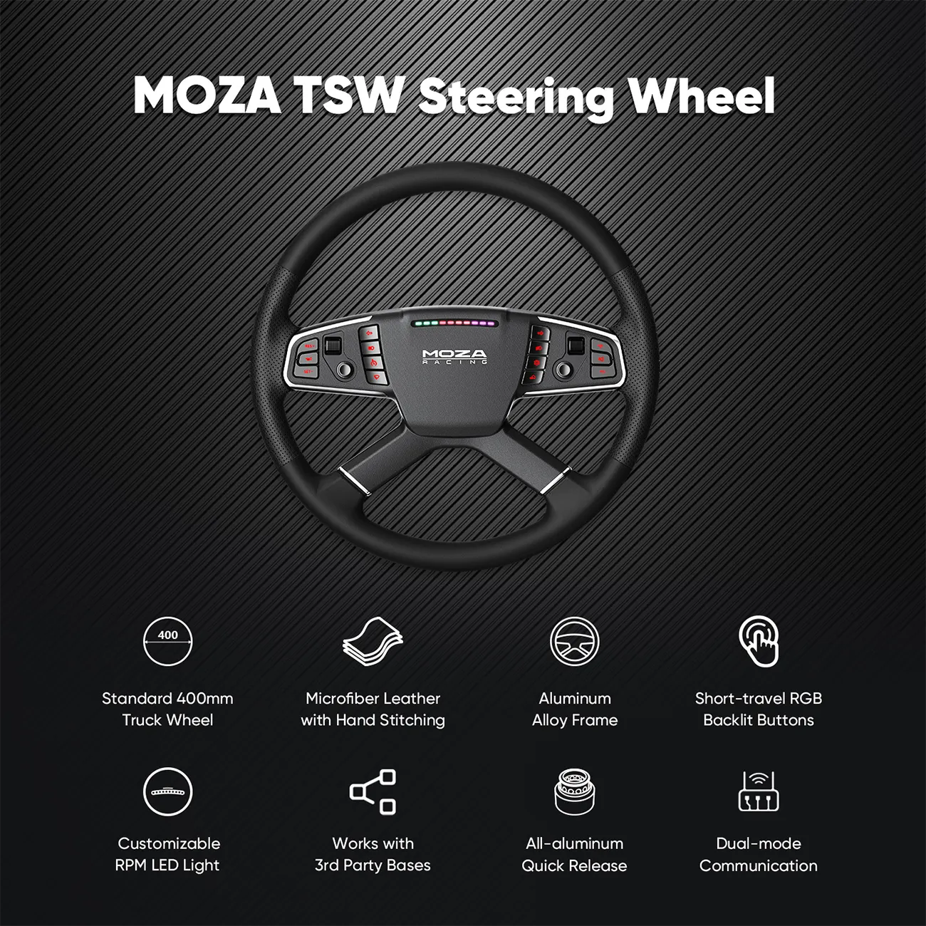 Overzicht van de eigenschappen van het Moza Racing TSW truck stuurwiel