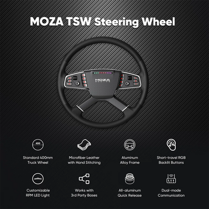 Overzicht van de eigenschappen van het Moza Racing TSW truck stuurwiel