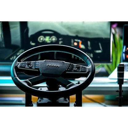 Moza Racing TSW truck stuurwiel gebruikt in een truck simulator cockpit