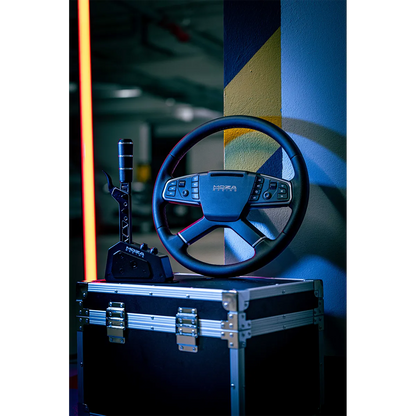 Moza Racing TSW truck stuurwiel in truck simulator setup met shifter