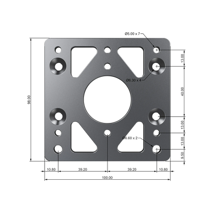Moza Racing universal base mount adapter plate with detailed mounting dimensions and hole pattern

