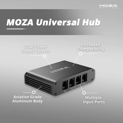 Moza Racing Universal Hub features including dual power supply and multiple input ports