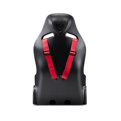 Achteraanzicht van de Next Level Racing Elite ES1 Scuderia Ferrari Edition sim racing stoel met rode gordels.