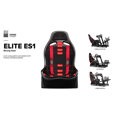 Afbeelding van de Next Level Racing Elite ES1 sim racing stoel met afmetingen en mogelijke zitposities zoals GT, Formule en Hybride.